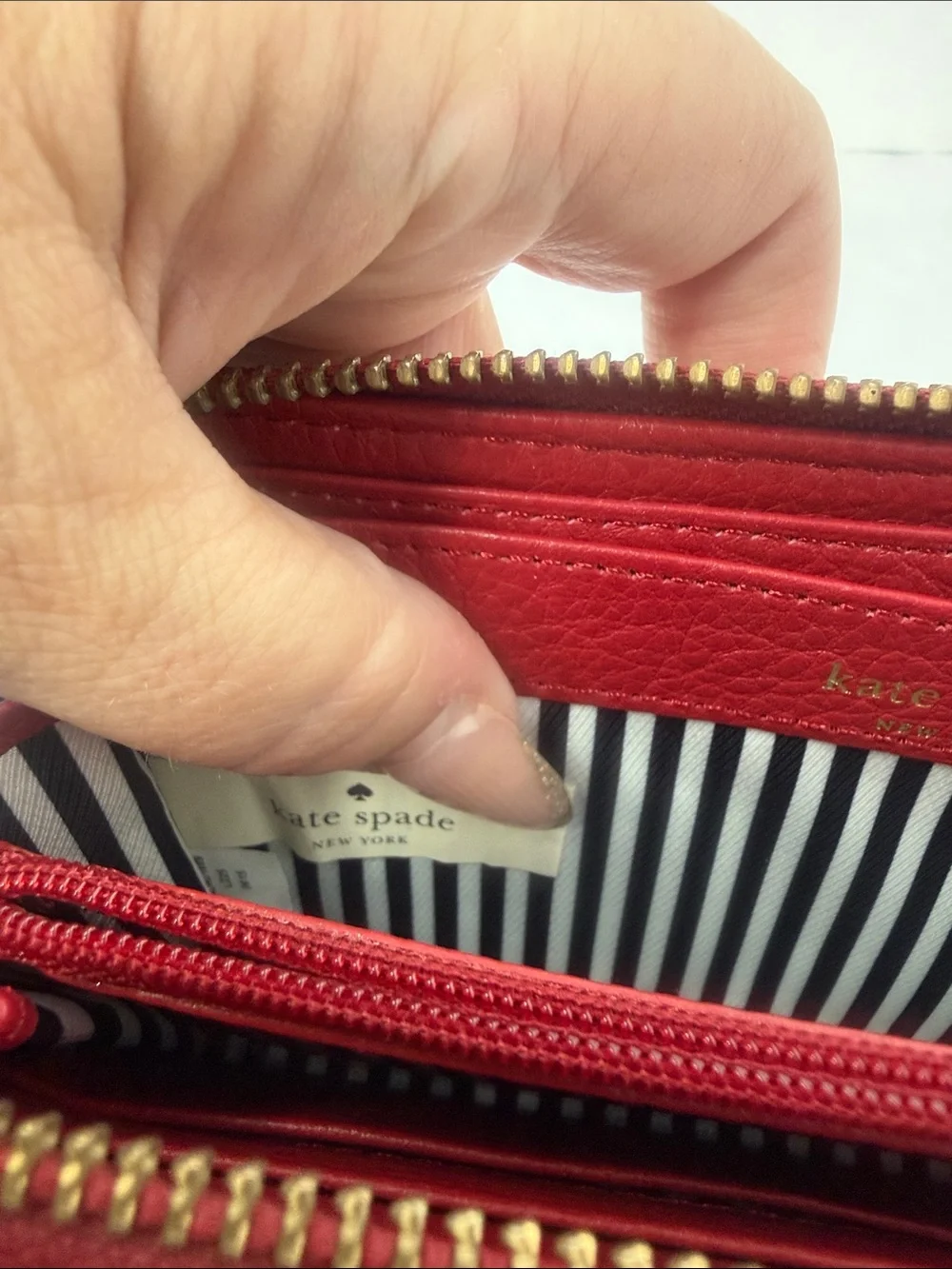 kate spade Red Pebbled Leather Zip Wallet with Gold Spade Accent